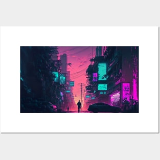 Man Looking At The Horizon In Cyberpunk City Posters and Art